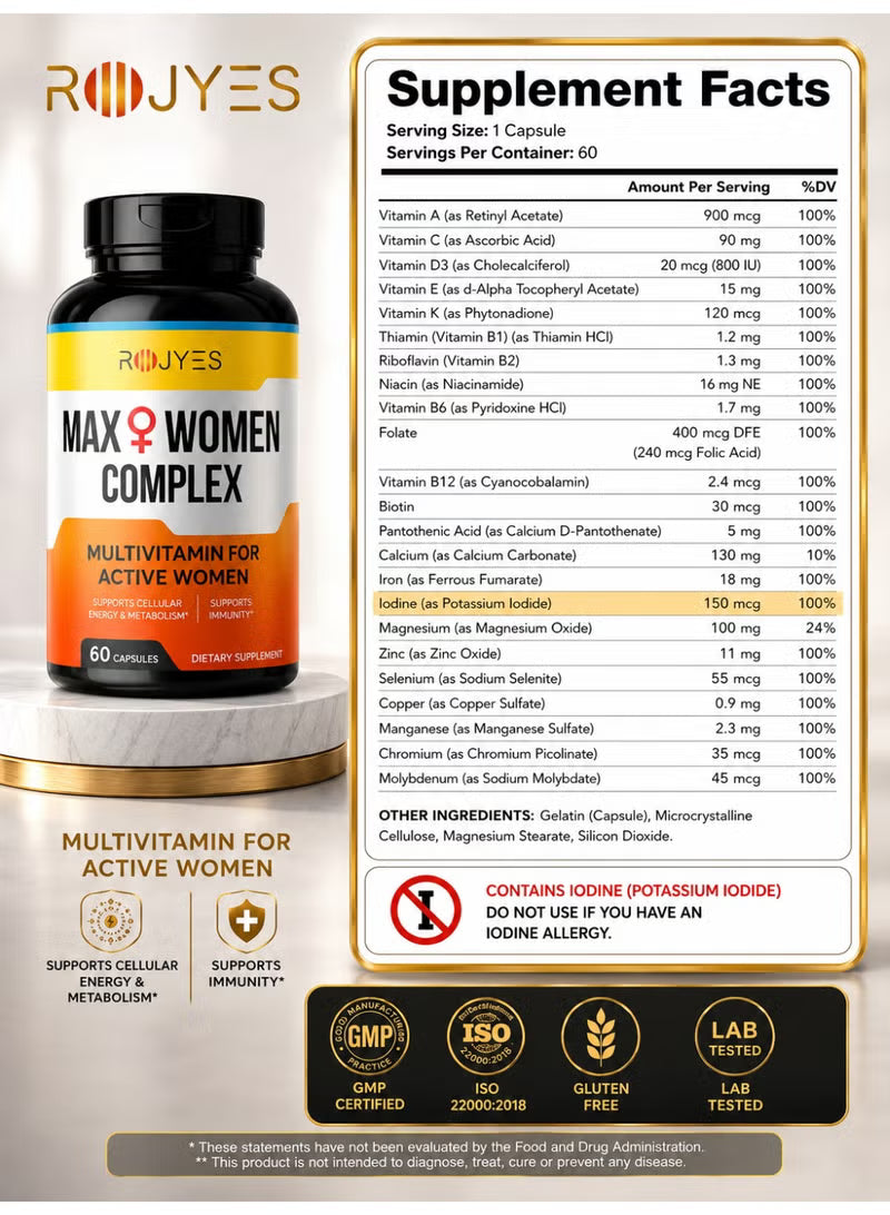 ROJYES Max Women Complex Multivitamin for Active Women, Immune Booster with Vitamin C,